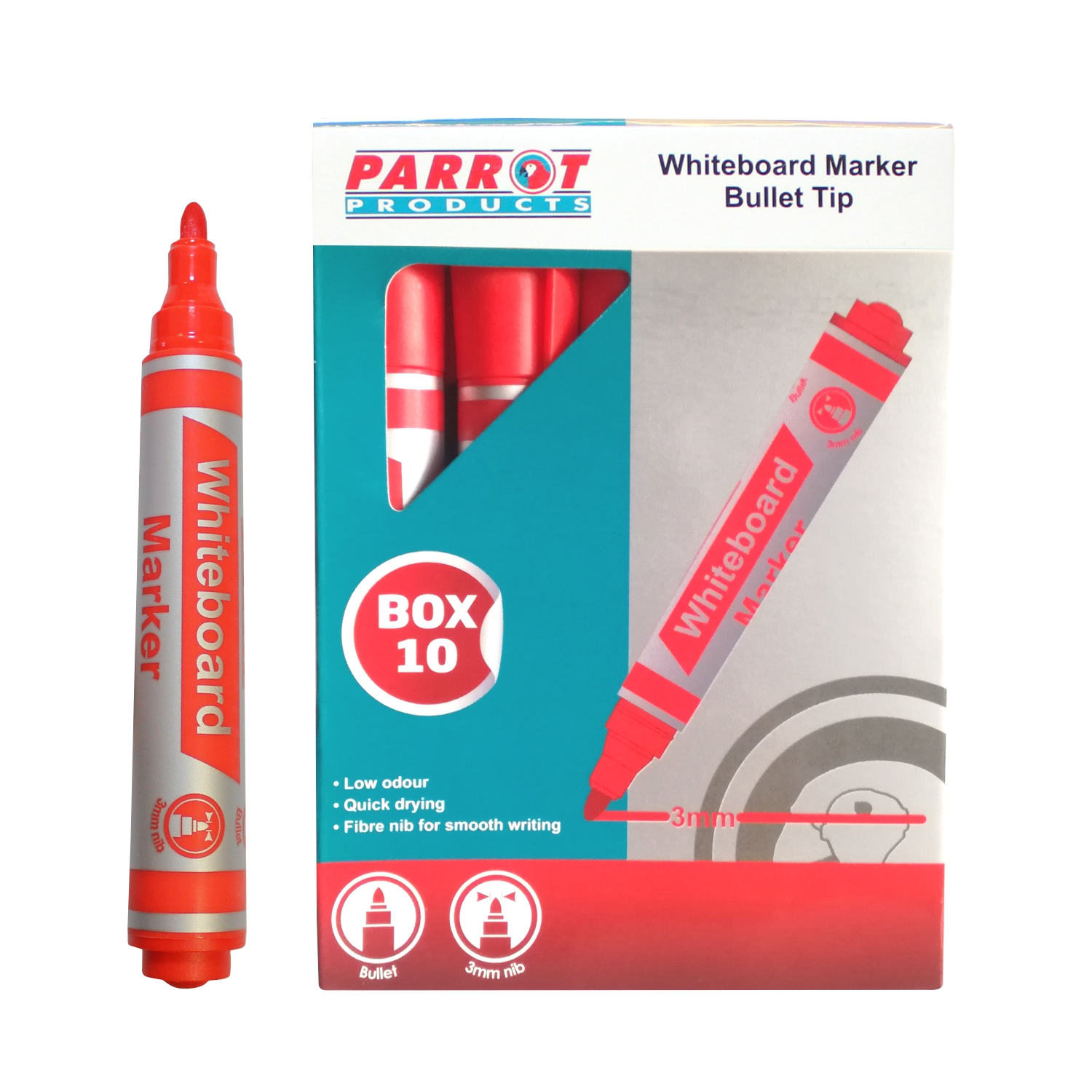 Whiteboard Markers (10 Markers, Bullet Tip, Red)
