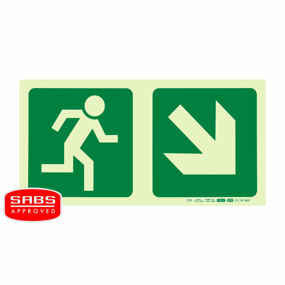 PHOTOLUMINESCENT 190MM SAFETY SIGN -E13-RUNNING MAN+DIAGONAL ARROW DOWN AND RIGHT