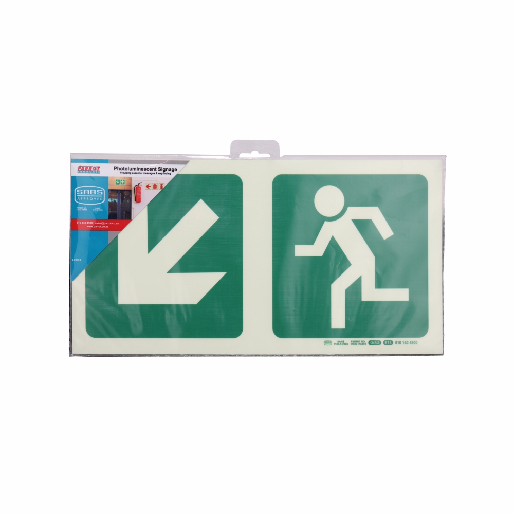 PHOTOLUMINESCENT 190MM SAFETY SIGN -E14-DIAGONAL ARROW DOWN AND LEFT +RUNNING MAN