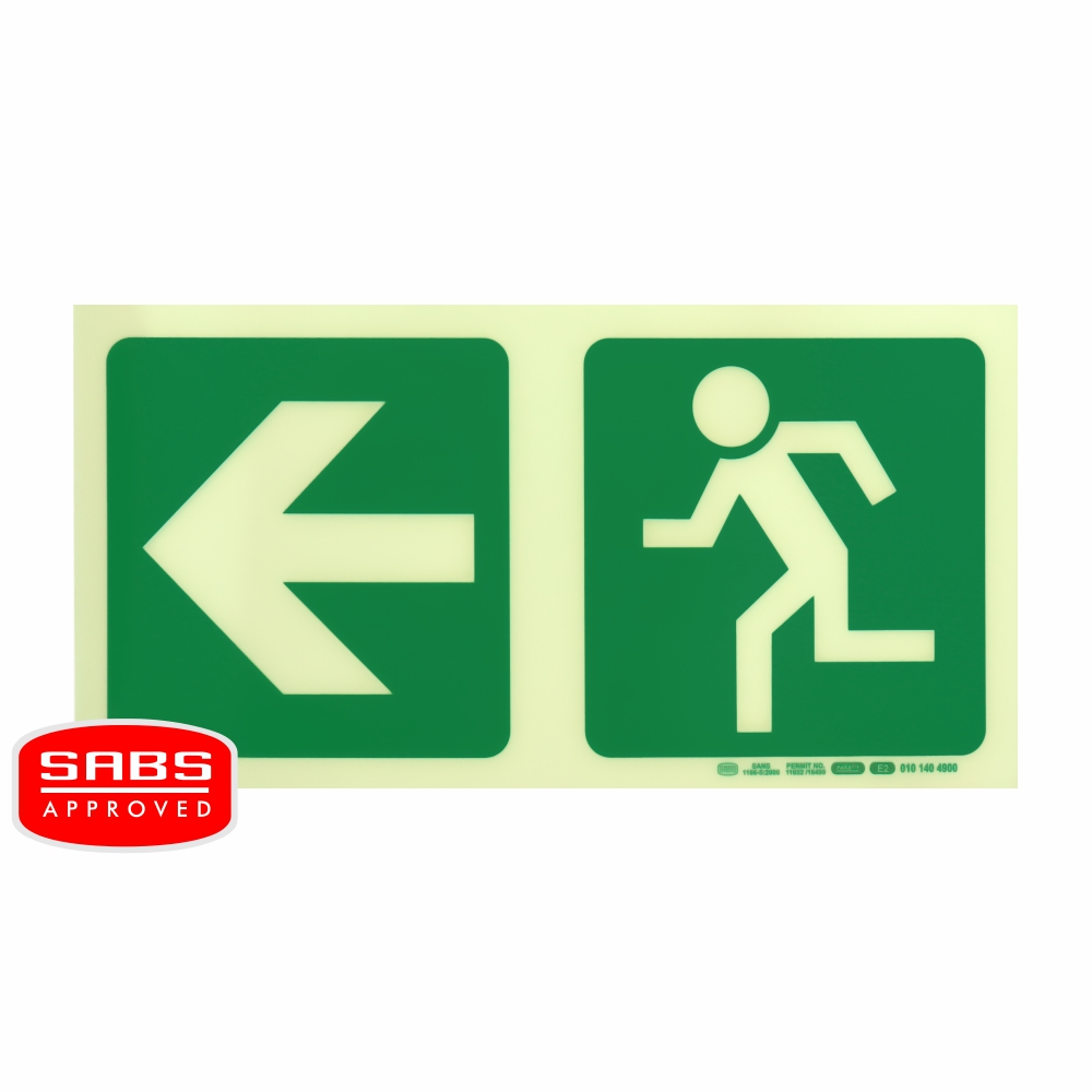 PHOTOLUMINESCENT 190MM SAFETY SIGN - E2-ARROW LEFT+RUNNING MAN