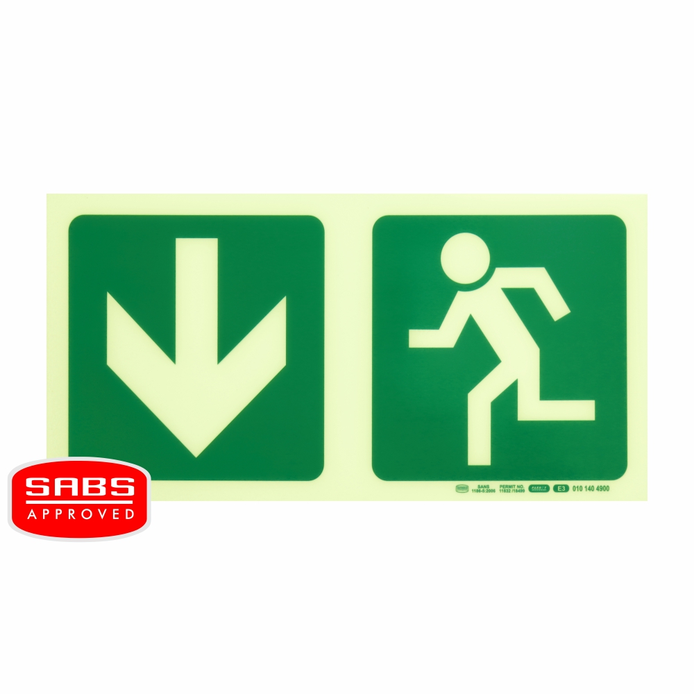 PHOTOLUMINESCENT 190MM SAFETY SIGN - E3-ARROW DOWN+RUNNING MAN