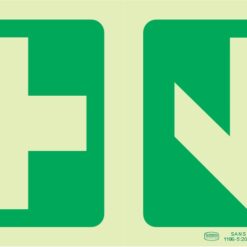 PHOTOLUMINESCENT 190MM SAFETY SIGN - E7A-GREEN CROSS+ARROW DOWN